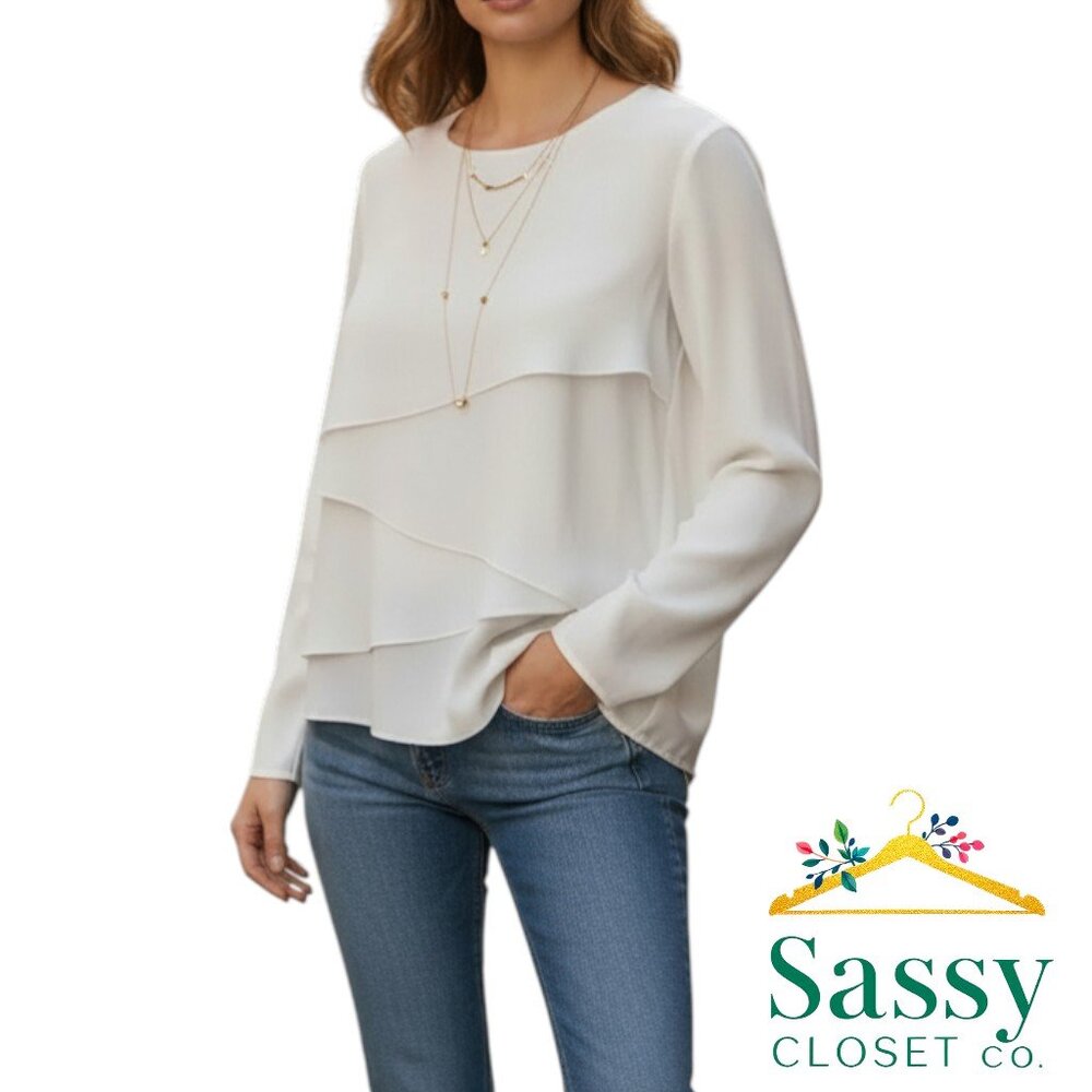 Vince Camuto White Overlay Front Blouse Crew Neck Long Sleeve S EUC
